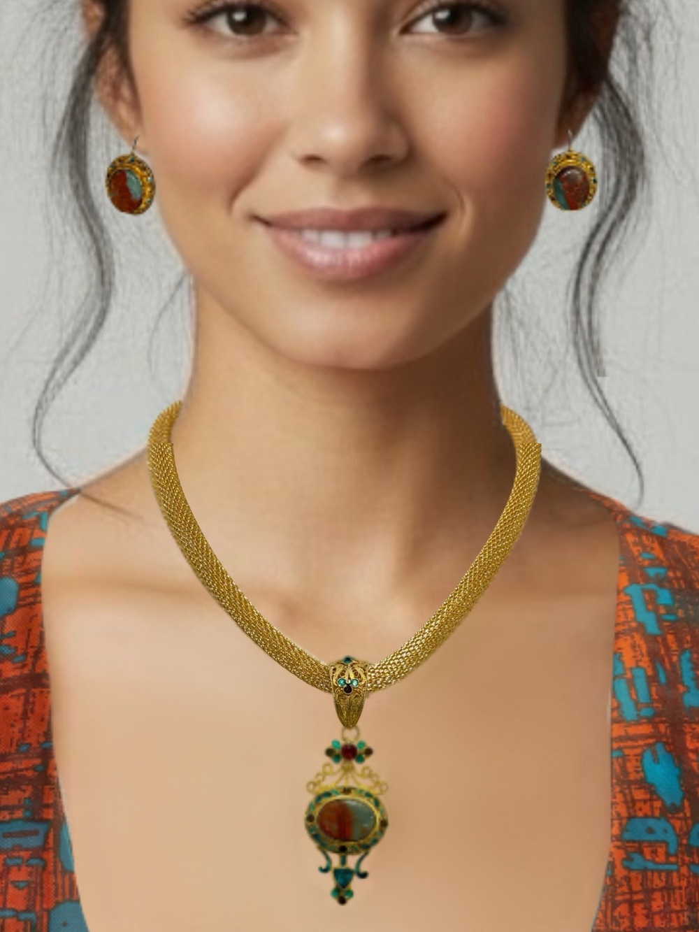 Vintage Gold Plated Vermeil Statement Pendant Necklace Earring Set - NWOT - Picture 2 of 16